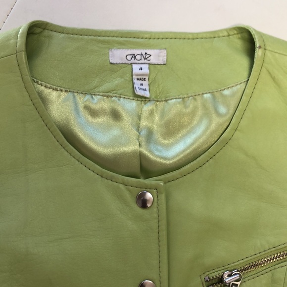 Cache Green Apple Bright Leather Jacket with snaps and zipper pockets. - Picture 2 of 6